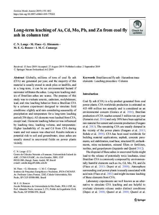 (PDF) Long-term leaching of As, Cd, Mo, Pb, and Zn from coal fly ash in ...