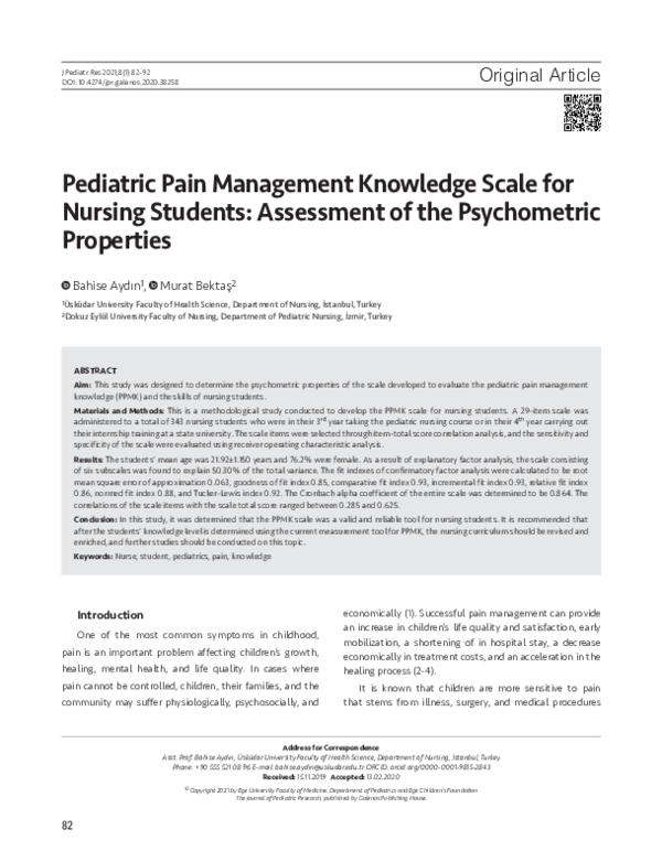 (PDF) Pediatric Pain Management Knowledge Scale for Nursing Students