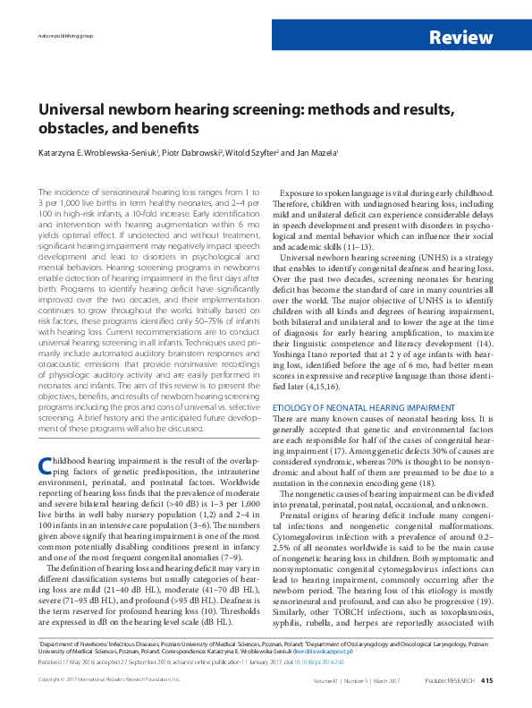 (PDF) Universal newborn hearing screening – methods and results ...