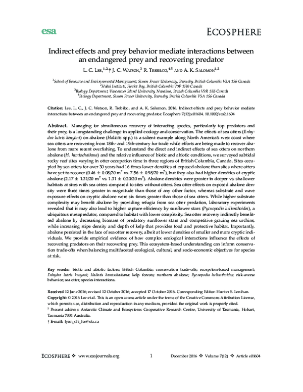 (PDF) Indirect effects and prey behavior mediate interactions between ...