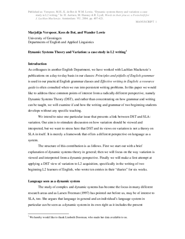 (PDF) Dynamic systems theory and variation: a case study in L2-writing