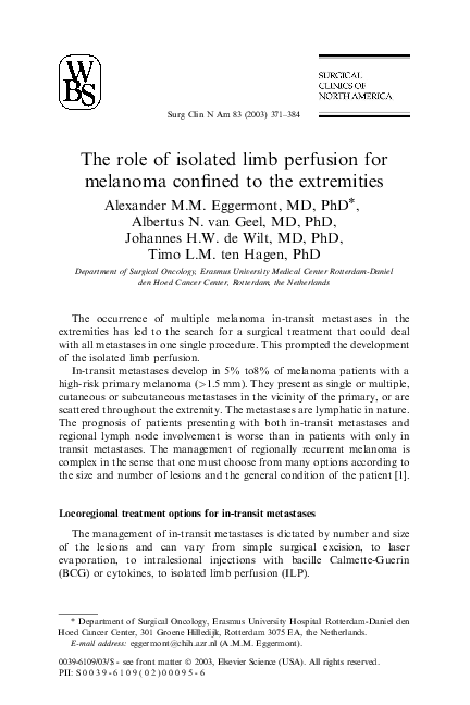 (PDF) The role of isolated limb perfusion for melanoma confined to the ...