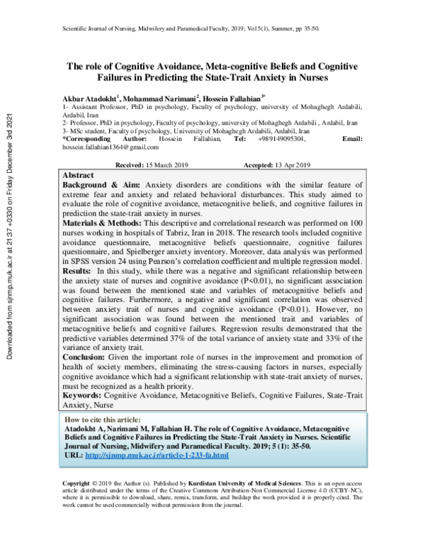 (PDF) The role of Cognitive Avoidance, Meta-cognitive Beliefs and ...