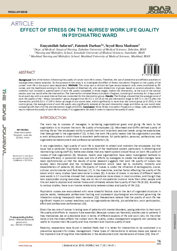 (PDF) Effect of Stress on the Nurses ' Work Life Quality in Psychiatric ...