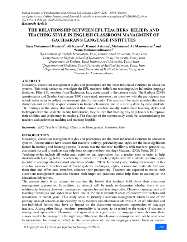 (PDF) The Relationship Between Efl Teachers' Beliefs and Teaching Style ...