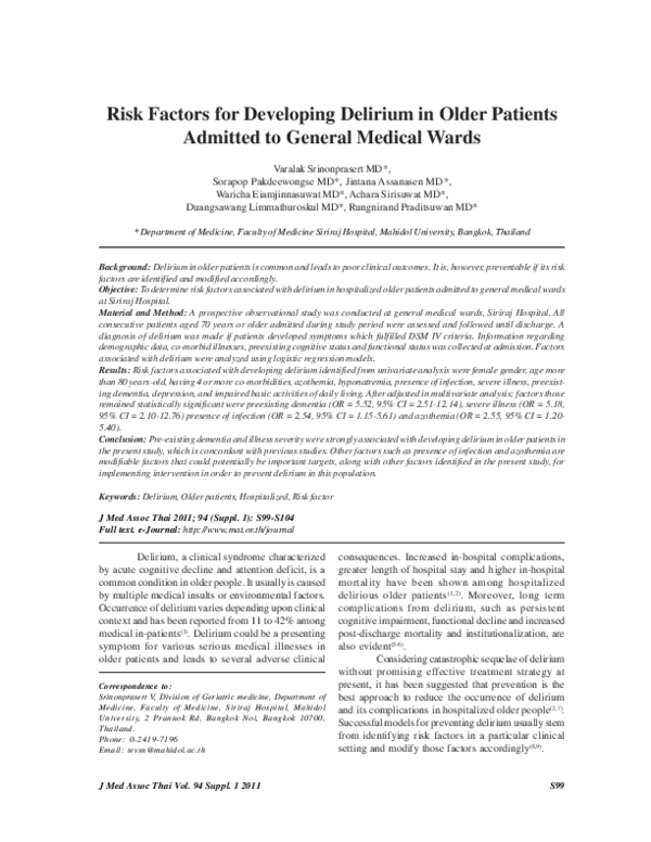 (PDF) Risk factors for developing delirium in older patients admitted ...