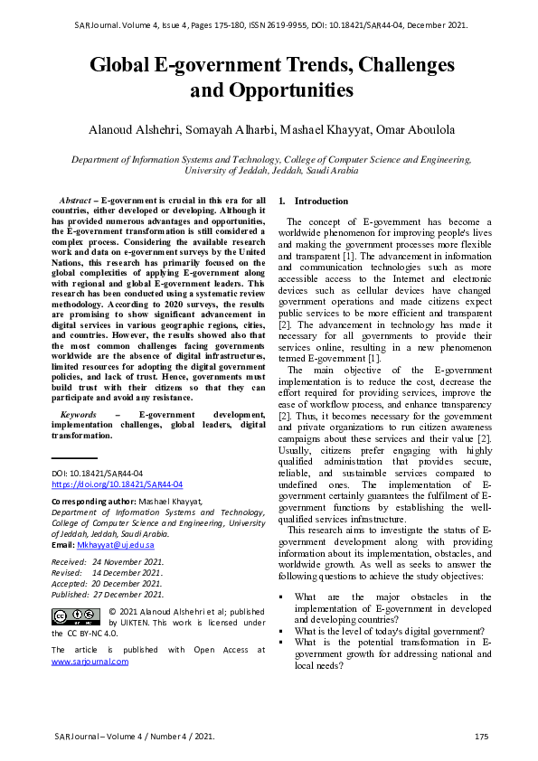 (PDF) Global E-government Trends, Challenges and Opportunities