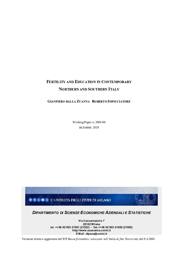 (PDF) Fertility and education in contemporary Northern and Southern Italy