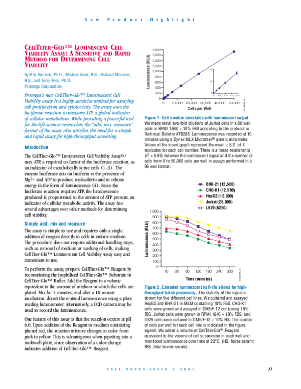 (PDF) CELLTITER-GLO TM LUMINESCENT CELL VIABILITY ASSAY : A SENSITIVE ...