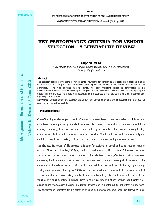 (PDF) Key Performance Criteria For Vendor Selection – A Literature Review