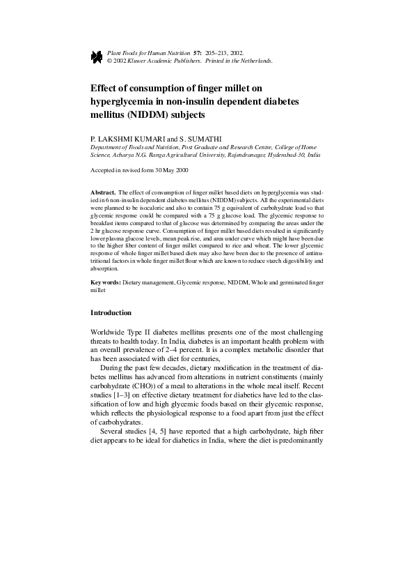 (PDF) Effect of consumption of finger millet on hyperglycemia in non