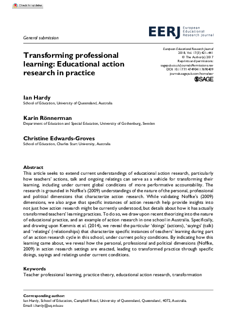 (PDF) Transforming professional learning: Educational action research ...