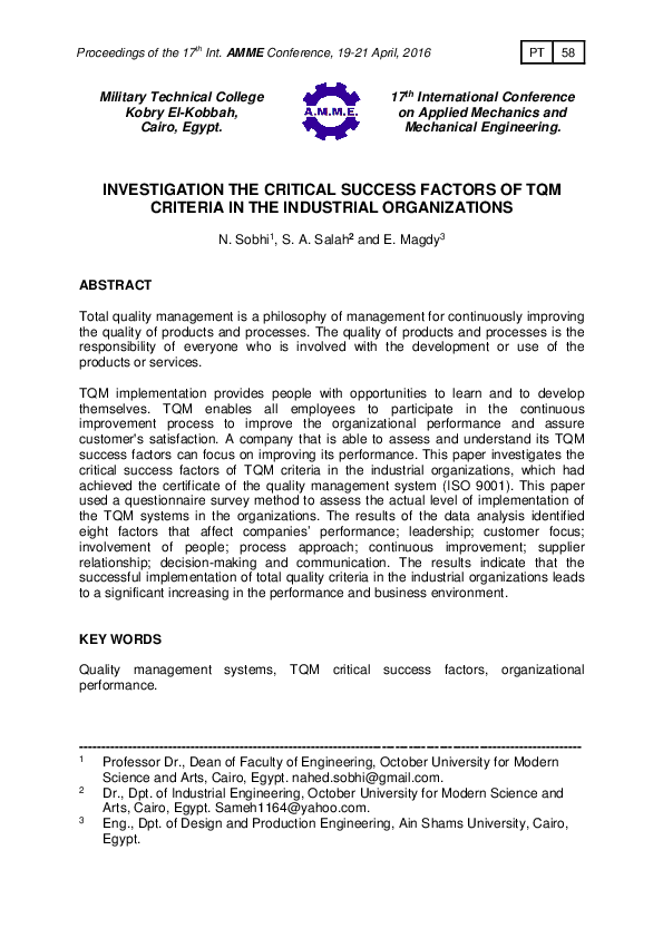 (PDF) Investigation the Critical Success Factors of TQM Criteria in the ...