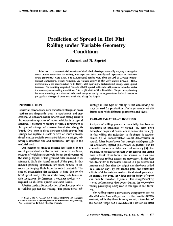 (PDF) Prediction of spread in hot flat rolling under variable geometry ...