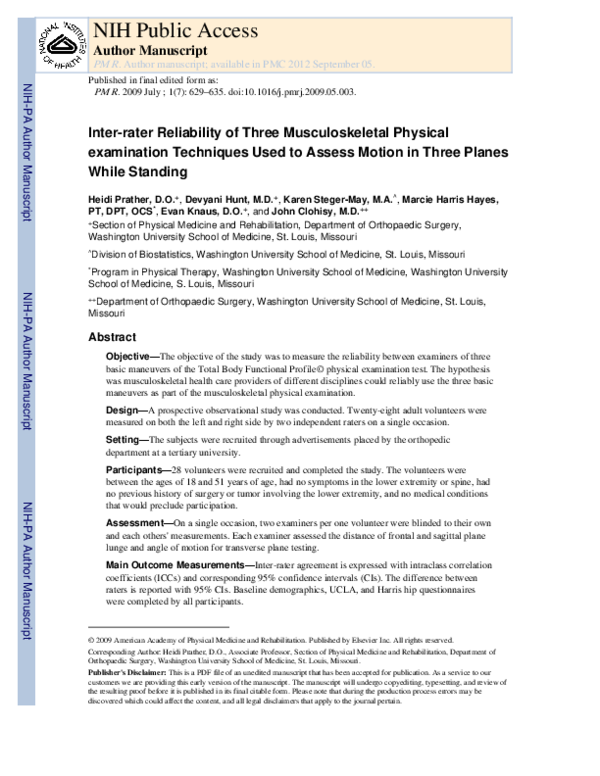 (PDF) Inter-rater Reliability of Three Musculoskeletal Physical ...