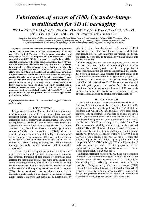(PDF) Fabrication of arrays of (100) Cu under-bump-metallization for 3D ...
