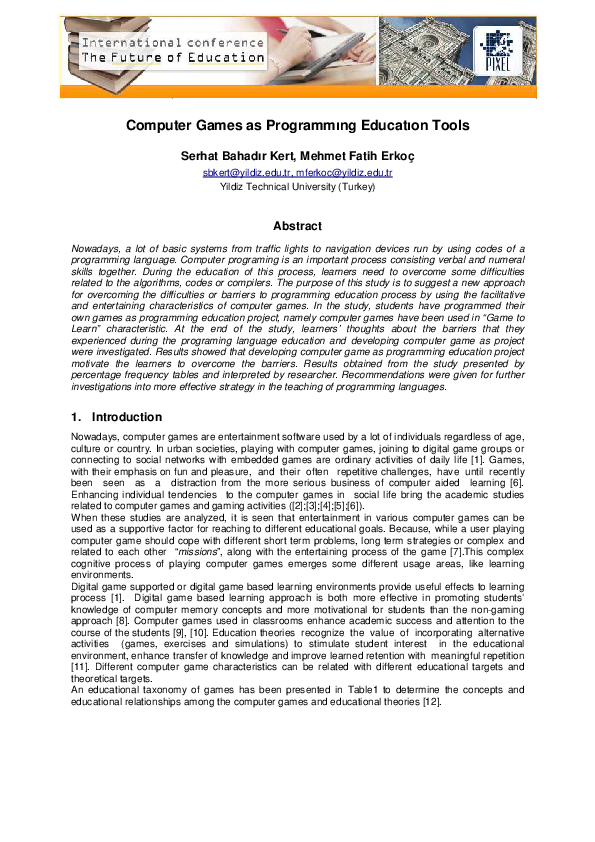 (PDF) Computer Games as Programmıng Educatıon Tools