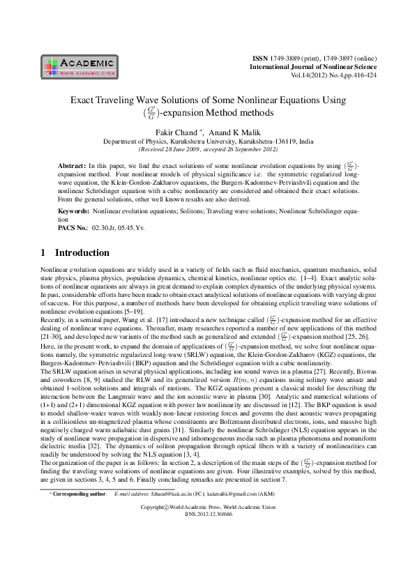 (PDF) Exact Traveling Wave Solutions of Some Nonlinear Equations Using ...