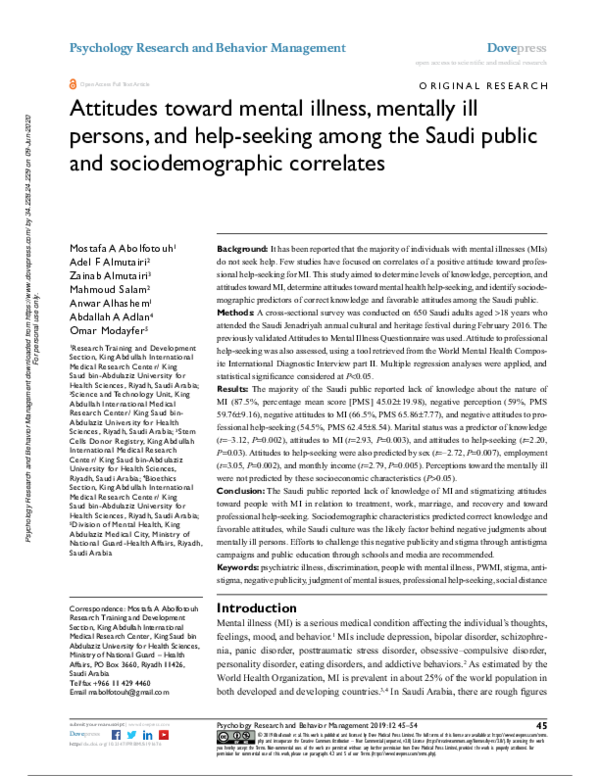 (PDF) Attitudes toward mental illness, mentally ill persons, and help ...