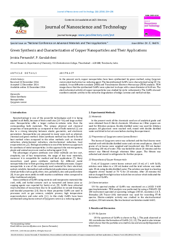 (PDF) Green Synthesis and Characterization of Copper Nanoparticles and ...