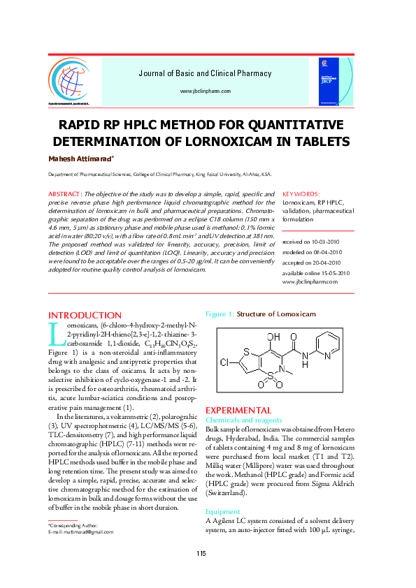 (PDF) Rapid RP HPLC Method for Quantitative Determination of Lornoxicam ...