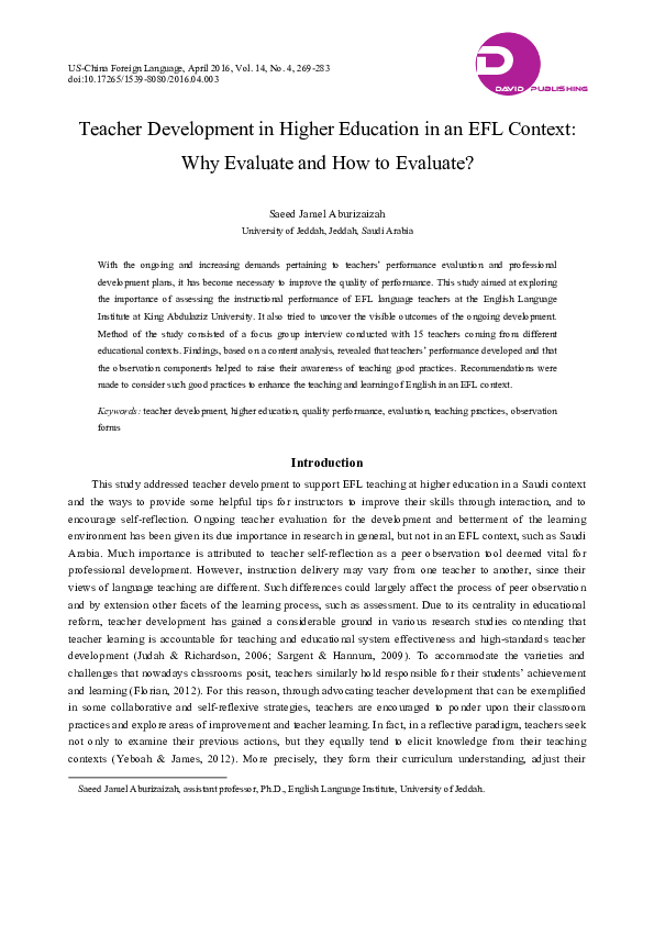(PDF) Teacher Development in Higher Education in an EFL Context: Why ...