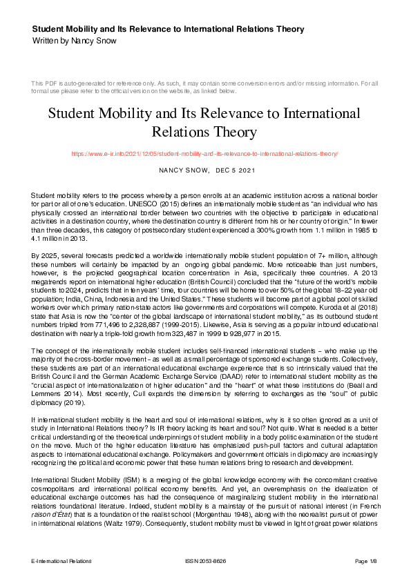 (PDF) Student Mobility and Its Relevance to International Relations Theory