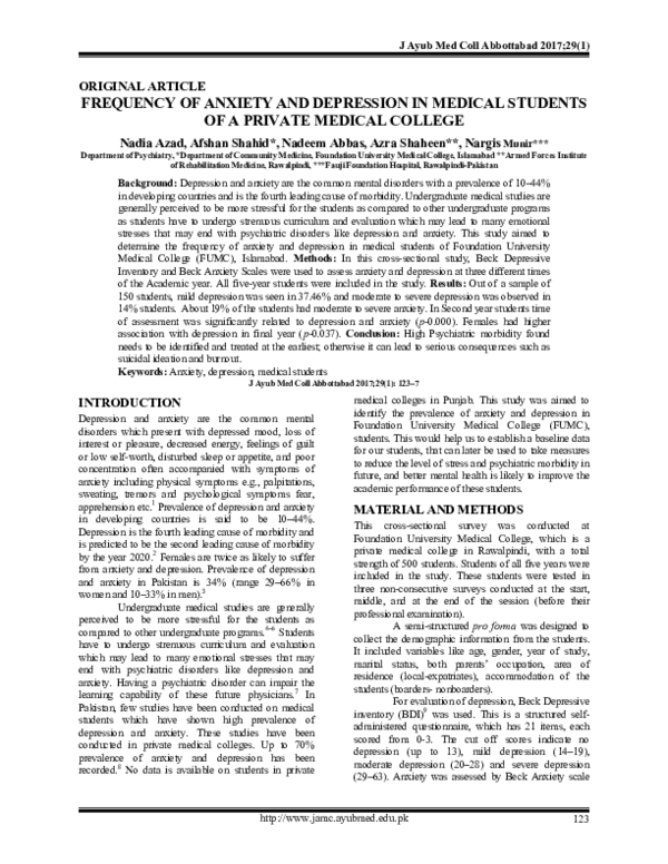 (PDF) Anxiety And Depression In Medical Students Of A Private Medical ...