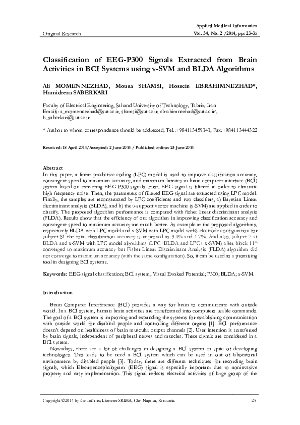(PDF) Classification of EEG-P300 Signals Extracted from Brain ...