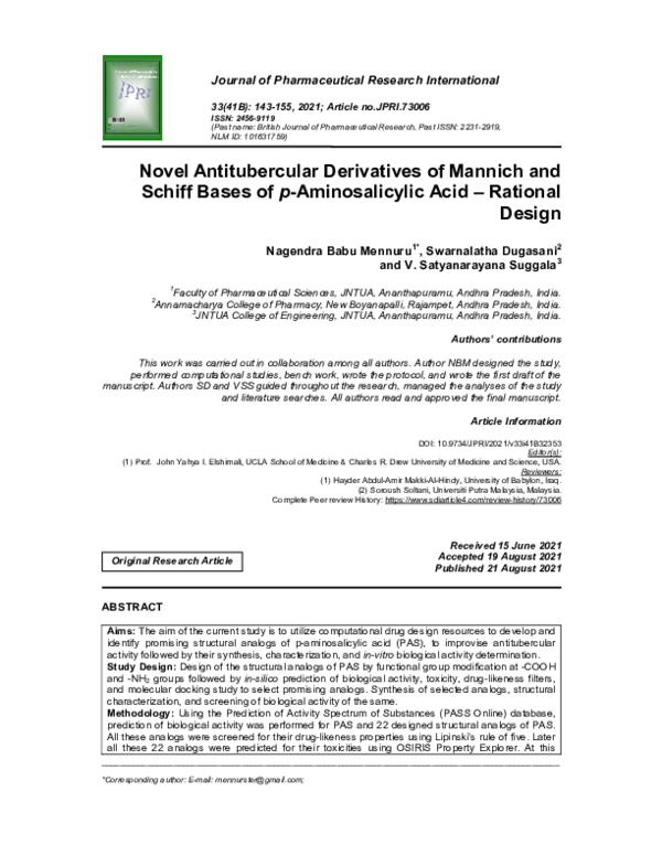 (PDF) Novel Antitubercular Derivatives of Mannich and Schiff Bases of p ...