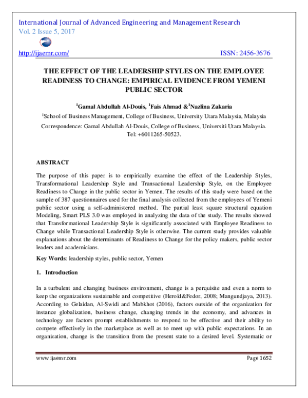 (PDF) The Effect of the Leadership Styles on the Employee Readiness to ...