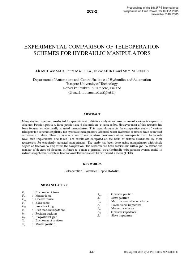 (PDF) Experimental Comparison of Teleoperation Schemes for Hydraulic ...