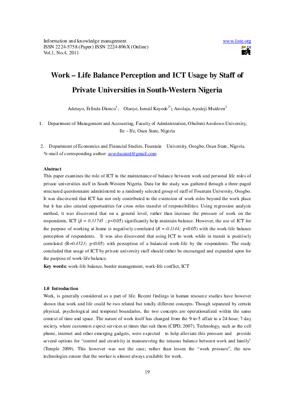 (PDF) Work Life Balance Perception and ICT Usage by Staff of Private ...