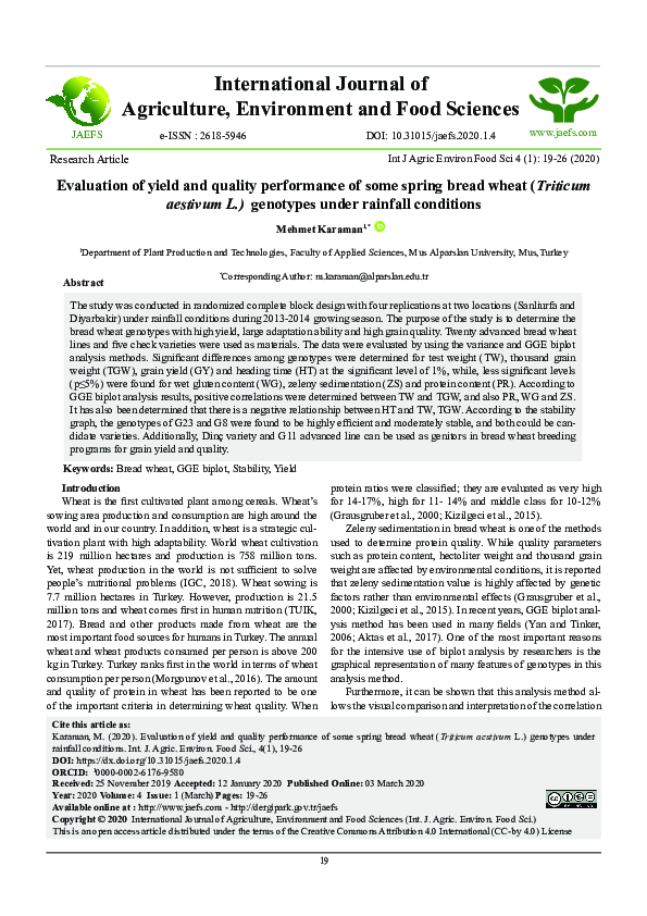 (PDF) Evaluation of yield and quality performances of some spring bread ...