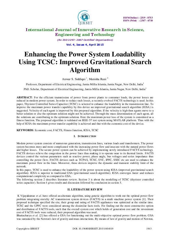 (PDF) Enhancing the Power System Loadability Using TCSC: Improved ...