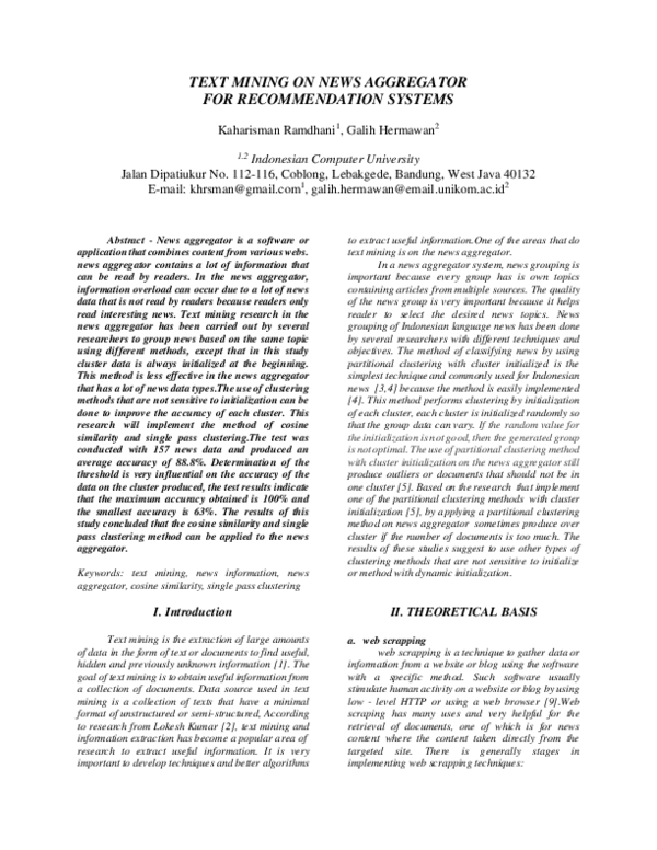(PDF) Text Mining on News Aggregator for Recommendation Systems