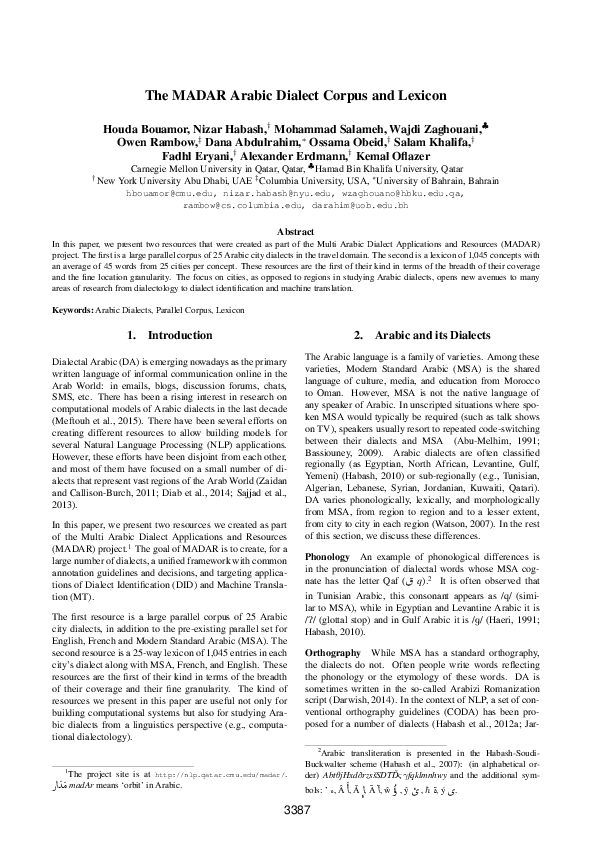 (PDF) The MADAR Arabic Dialect Corpus and Lexicon