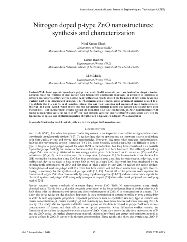 (PDF) Nitrogen doped p-type ZnO nanostructures: synthesis and ...
