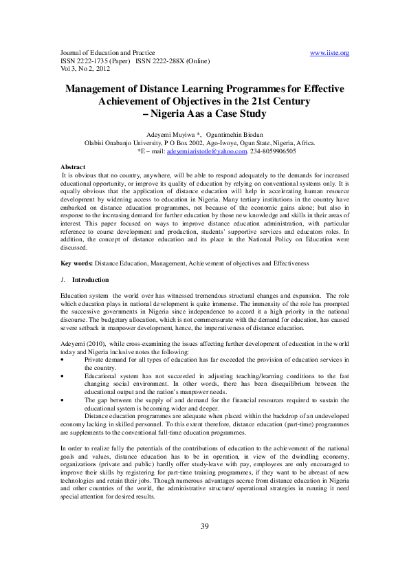 (PDF) Management of Distance Learning Programmes for Effective ...