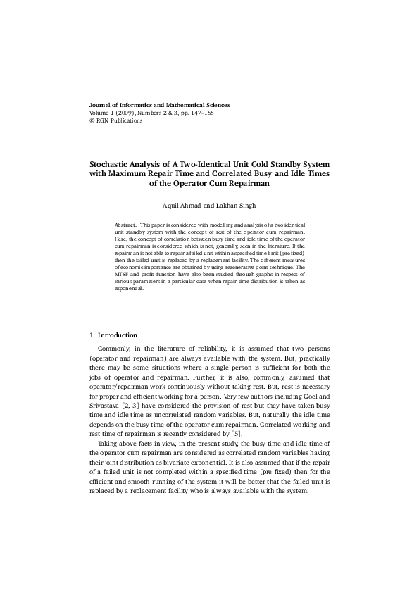 (PDF) Stochastic Analysis of A Two-Identical Unit Cold Standby System ...