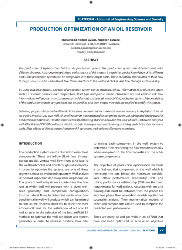 (PDF) Production Optimization of an Oil Reservoir