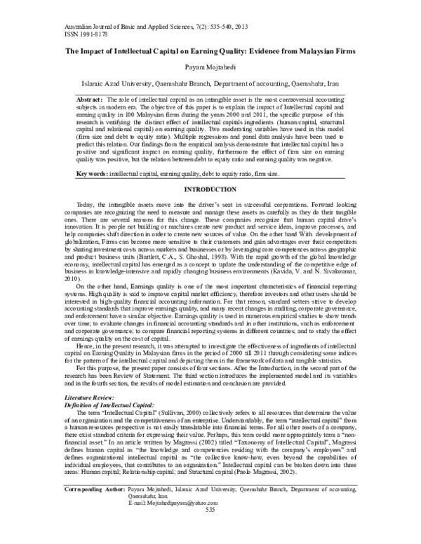(PDF) The Impact of Intellectual Capital on Earning Quality: Evidence ...