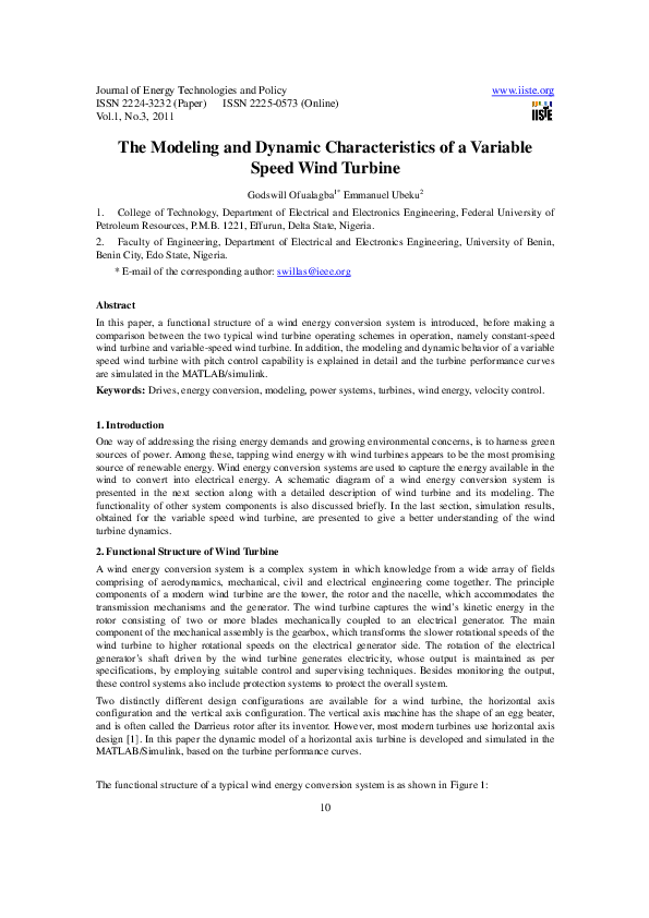 (PDF) The Modeling and Dynamic Characteristics of a Variable Speed Wind ...