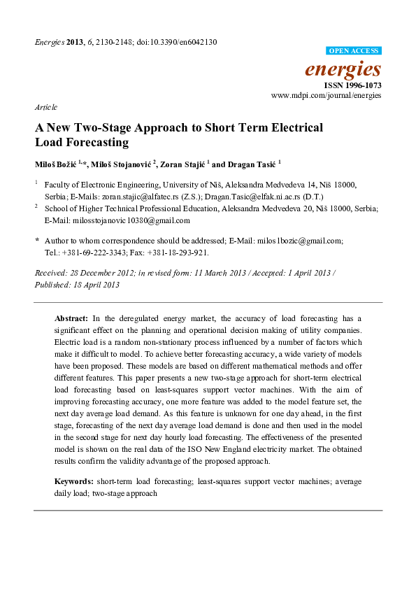 (PDF) A New Two-Stage Approach to Short Term Electrical Load Forecasting