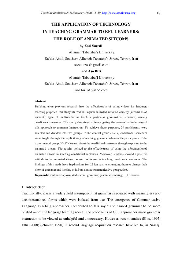 (PDF) The Application of Technology in Teaching Grammar to EFL Learners ...