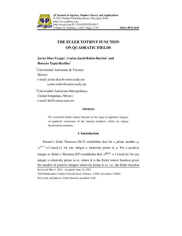 (PDF) The Euler Totient Function on Quadratic Fields