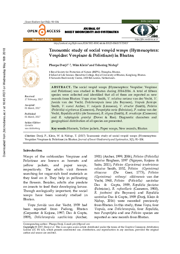 (PDF) JOURNAL OF INSECT BIODIVERSITY AND SYSTEMATICS Taxonomic study of ...