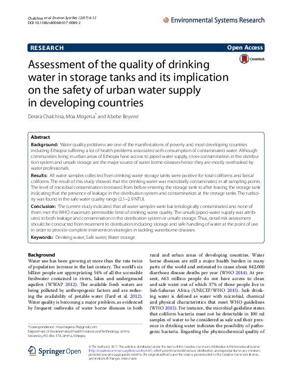 (PDF) Assessment of the quality of drinking water in storage tanks and ...