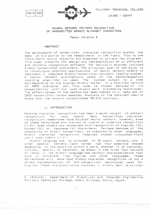 (PDF) Neural Network Pattern Recognition of Handwritten Arabic Alphabet ...
