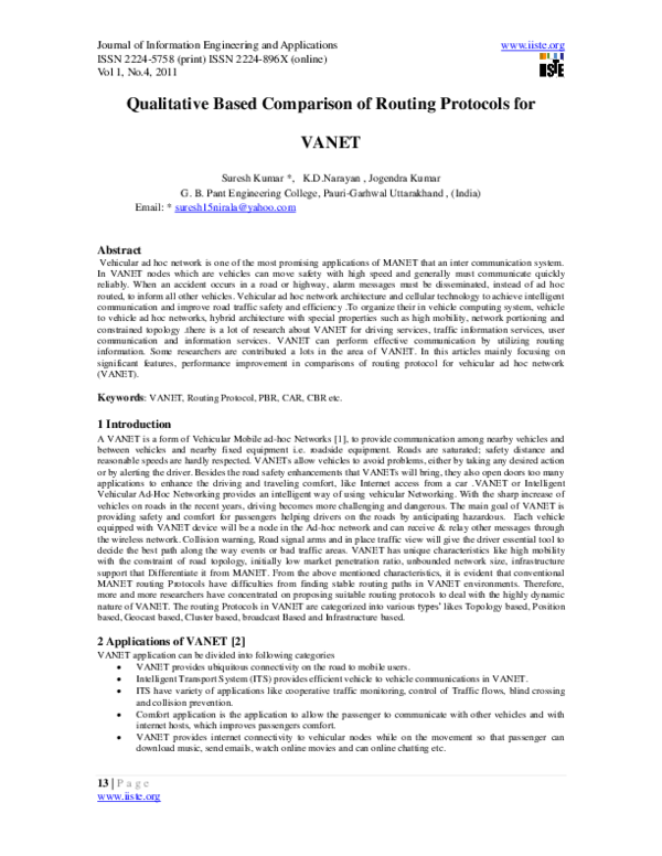 (PDF) Qualitative based Comparison of routing protocols for VANET1212final